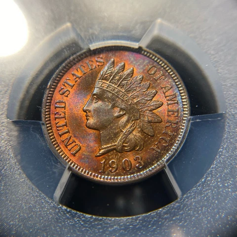 1903 US Indian Head Cent 1c PCGS MS 64 BN UNC Gem+ Nice Toning Cover