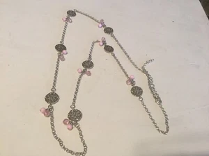 SILVERTONE 32” LONG NECKLACE WITH PINK BEADS - Picture 1 of 1