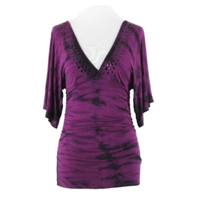 Top Umgee taglia S viola nero tinta unita applicazioni borchie scollo a V misto rayon - Foto 1 di 7