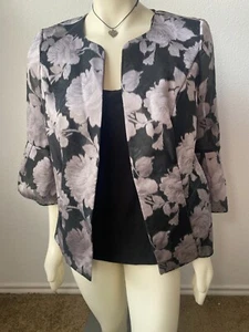 Alex Evenings 2 piece floral gray black women's Top and Jacket set Size L - Picture 1 of 10