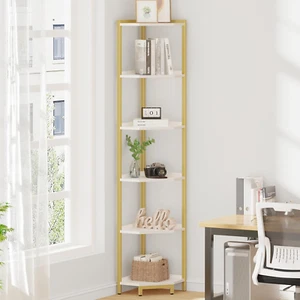 Corner Shelf Stand, Corner Bookshelf, Storage Standing Shelf Unit with Metal Fra - Picture 1 of 12