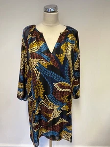 BNWT TRAFFIC PEOPLE BLUE, RUST, YELLOW PATTERNED V NECK TUNIC DRESS SIZE S - Picture 1 of 3