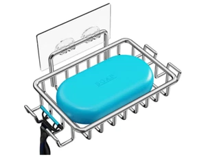 Jabonera adhesiva de acero inoxidable para pared de ducha con 4 ganchos jabón - Imagen 1 de 15