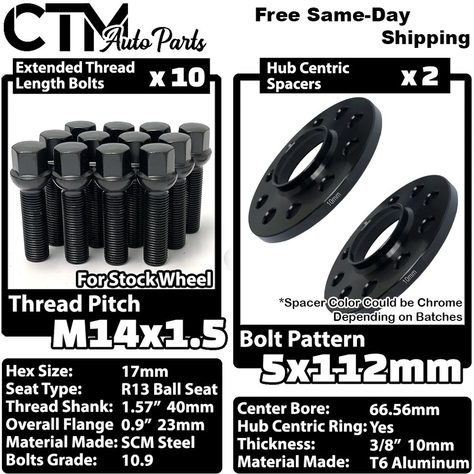 2x 10mm Thick 5x112 66.56mm CB Wheel Spacer Black Bolt Fit Mercedes Stock Wheels - Image 1 of 4