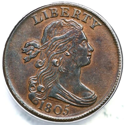 Moneda de centavo grande busto drapeado 1805 S-267 R-1 ANACS AU 53 1c Foto 1 de 3