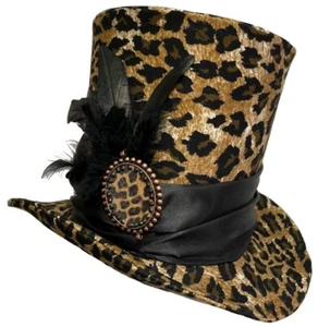 Tall Top Hat Leopard Print Wild Jeweled Steampunk Dandy Mad Hatter Witch Doctor - Picture 1 of 6