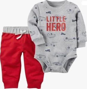 Boys Firetruck Little Hero Pant Set Outfit Little 2 pc Set Bodysuit Trouser NB - Picture 1 of 3