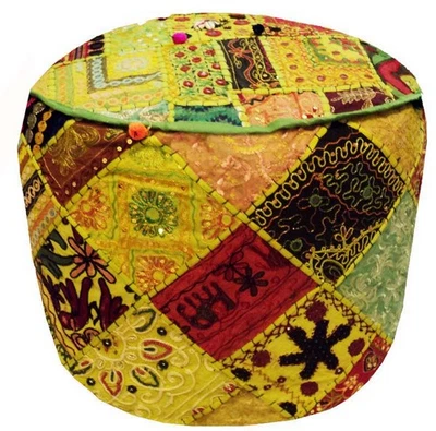 New Indian Patchwork Pouf Ottoman Foot Stool Cover Poof Floor Pillow 24 in - Image 1 of 4