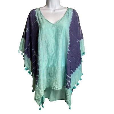 Vix Paula Hermanny Women's Teal Tie Dye Silk Poncho Top Size S Resort Cover Up - Image 1 of 4