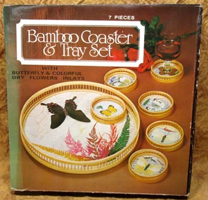 7 piezas. Bandeja y posavasos de bambú vintage con flores secas (helechos) y mariposas - Imagen 1 de 11