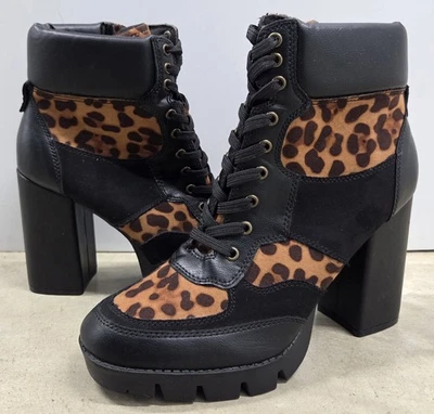Rouge Helium Ankle Boot Wmn 10 Black Brown Leopard Chunky Heel Platform Lace Zip - Image 1 of 4