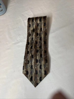 Cambridge Classic Mervyns Geometric Black Gray Beige Brown 100% Italian Silk Tie - Image 1 of 4