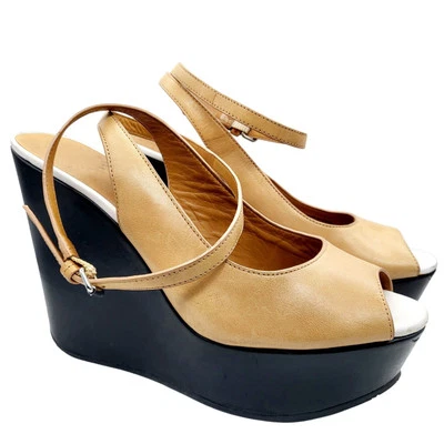 Sandalias de cuña Marc by Marc Jacobs de cuero beige tostado con correa al tobillo para mujer talla 8 Foto 1 de 4