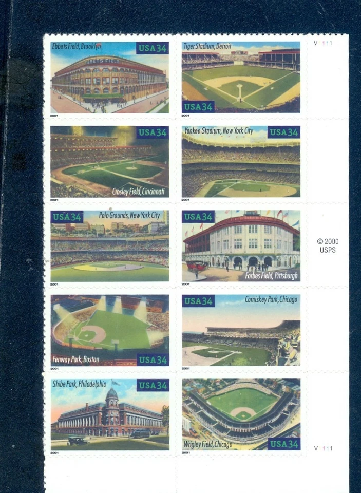 US 3510-3519 Baseball Legendary Playing Fields, Plt #V1111, Block/10, Mint NH - Image 1 of 1