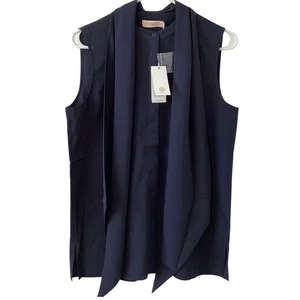 Tory Burch Sleeveless Bow Blouse Top Size 6 Navy Elegant Draped Front Minimalist - Picture 1 of 7