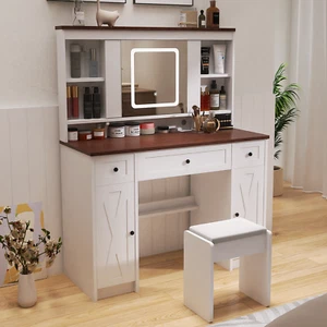 Farmhouse Vanity Makeup Table Set Dressing Table with Mirror & LED Lights - Picture 1 of 11