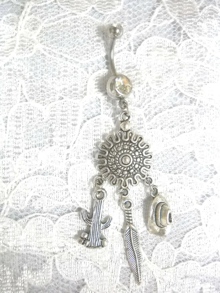 DREAM CATCHER SUN SHIELD 3 DANGLING COWGIRL HAT FEATHER CACTUS 14g BELLY RING - Image 1 of 1