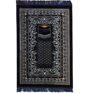 Turkish Islamic Wide Double Plush Very Soft Velvet Prayer Rug Janamaz Blue Kaba - Picture 1 of 5