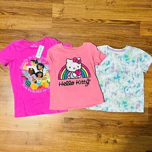 Girls T-shirt Tops Bundle Size M 7-8 Lot Disney Hello Kitty School Active Relax - Picture 1 of 4
