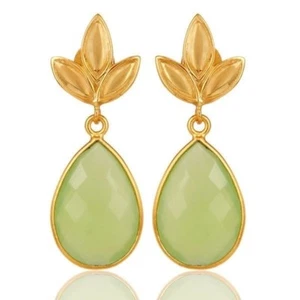 18K Gold Plated Prehnite Chalcedony 925 Sterling Silver Dangle Earrings Jewelry - Picture 1 of 3