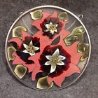 Suncatcher Round Stained Glass Painted Poinsettia Flower Red 7 inch Hanging