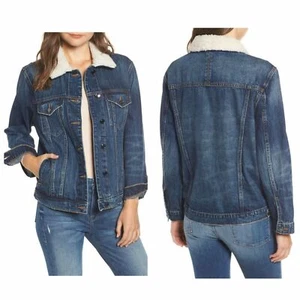 NWT Good American Trucker Boyfriend Denim Sherpa Button Down Jacket size 00/ XS - Bild 1 von 11