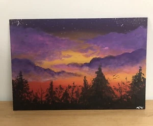 Original 8x12 Canvas Acrylic Painting Sunset Forrest Scenery Signed Mikey - Picture 1 of 7