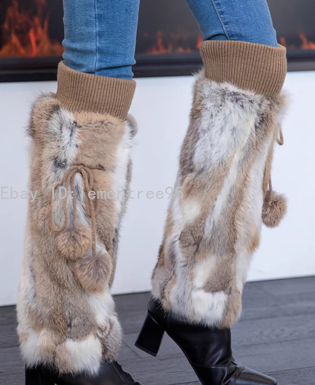 100% Real Rabbit Fur Leg Warmer Boots Shoes Cover Boot Women Lady Fashion Foto 1 de 4