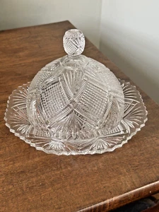ANTIK Ende 19. Jahrhundert VIKTORIANISCH Klar Pressglas Ventilator Schnitt Butterschale Kuppel Deckel - Bild 1 von 21