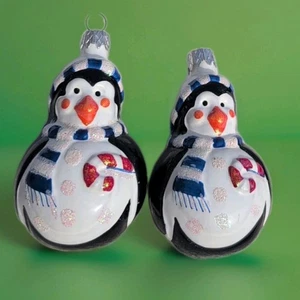 Round Penguins With Scarf Candy Canes Blown Glass Christmas Ornament (Lot 2) EUC - Picture 1 of 6
