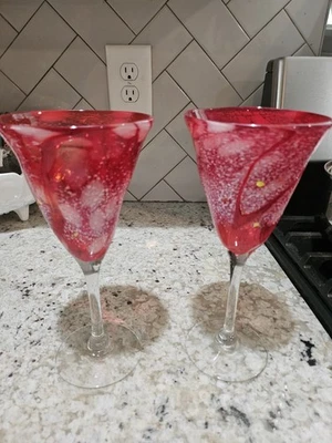 Cranberry Red White Yellow Water Wine Blown Glasses - Image 1 of 3