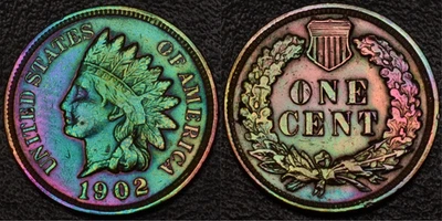 1902 Indian Head One 1 Cent Rainbow Toning  (L49-65) - Image 1 of 3