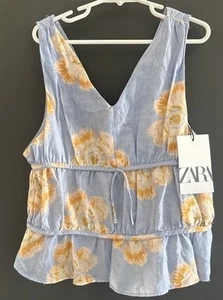 Zara Floral Blue Orange Beige Boho Top 100% Cotton Girl’s Sz 13 14 Years NWT - Picture 1 of 12