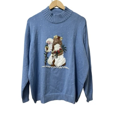 Quacker Factory Womens Santa Claus Beaded Christmas Sweater Size 1X Blue Holiday - Image 1 of 4