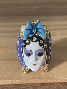 Theatre Mask 1.2” Zircon Crystal Enamel Ring Vintage Adjustable starting size 6 - Picture 1 of 12
