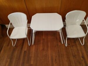 Antique Childs Kids Size 3 Piece Metal White Painted Table Chairs Set
