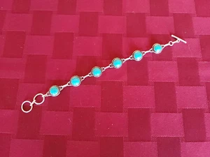 925 Sterling Silver Bracelet with Six Genuine Turquoise Stones - Picture 1 of 8