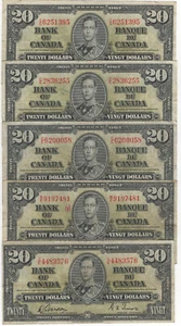 Bank of Canada 1937 $20 Dollars Lot of 5 Vintage Notes King George VI $100 Face - Picture 1 of 2