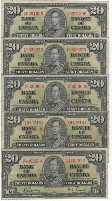 Bank of Canada 1937 $20 Dollars Lot of 5 Vintage Notes King George VI $100 Face - Image 1 of 2