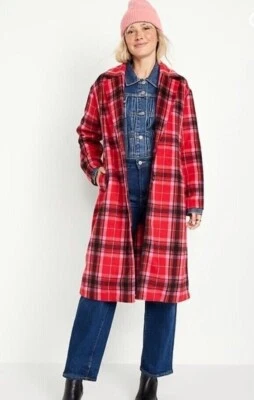 Old Navy Women's Oversized Soft-Brushed Tartan Red Plaid Overcoat Sizes M-XL NWT - Image 1 of 4