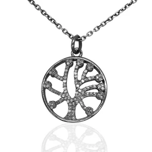 925 Sterling Silver Rhodium Natural Pave Diamond Tree of Life Fine Pendant Charm - Picture 1 of 2