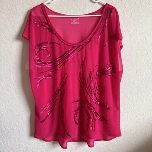 Lane Bryant 18/20 Hot Pink Embellished Sheer Sequin Blouse Shirt - Picture 1 of 6