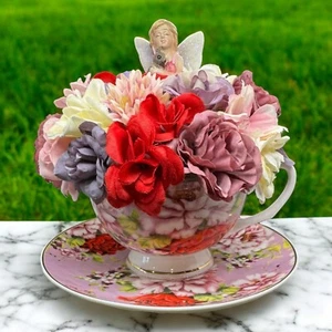 Pink Tea Cup Fairy Flower arrangement, With Fairy Ideal Gift For Her - Picture 1 of 2