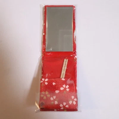 Compact Folding Mirror Chirimen Crepe Pattern with Toothpicker Red Kyoto Japan - Image 1 of 4