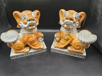 Juego De Colección De 2 Figuras De Cerámica Foo Dogs 8.5" Naranja/Blanco   Foto 1 de 4