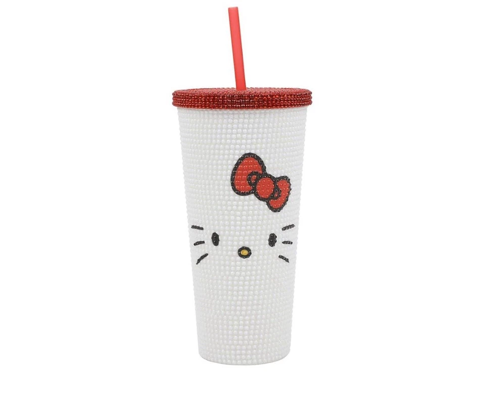 Vaso de plástico Bioworld Hello Kitty Big Face 20 OZ blanco con estrás tachonado Foto 1 de 4