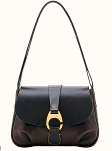 Dooney & Bourke Flap Saddle Shoulder Bag Large Derby Leather Brown Black NWT - Picture 1 of 14