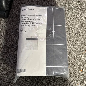 IKEA VITKLOVER Full/Queen Bettbezug grau weiß modern geometrisches Gitter mit Kissen - Bild 1 von 3