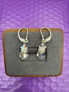 ⭐️STERLING SILVER SIMULATED IRIDESCENT CRYSTAL HOOP EARRINGS (0172) - Picture 1 of 5