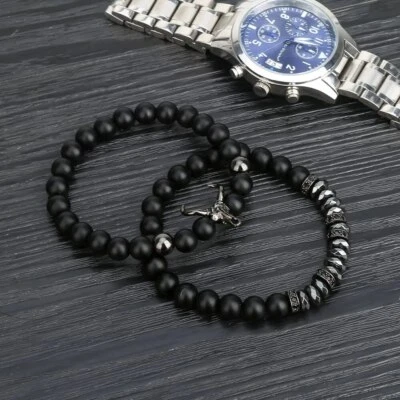 Pulseira masculina da moda cabeça de touro punk caveira 8 mm contas de pedra ônix fosco joias - Imagem 1 de 4